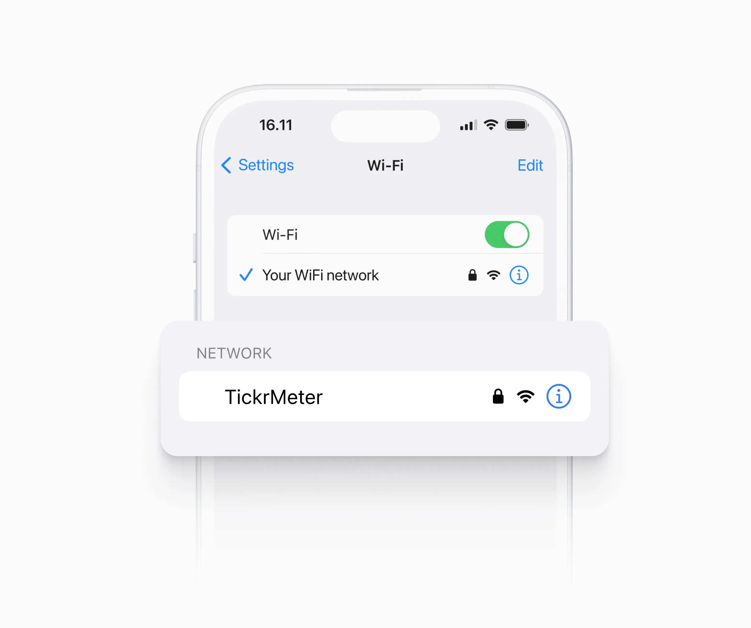 Wifi settings on iPhone highlighting the TickrMeter network